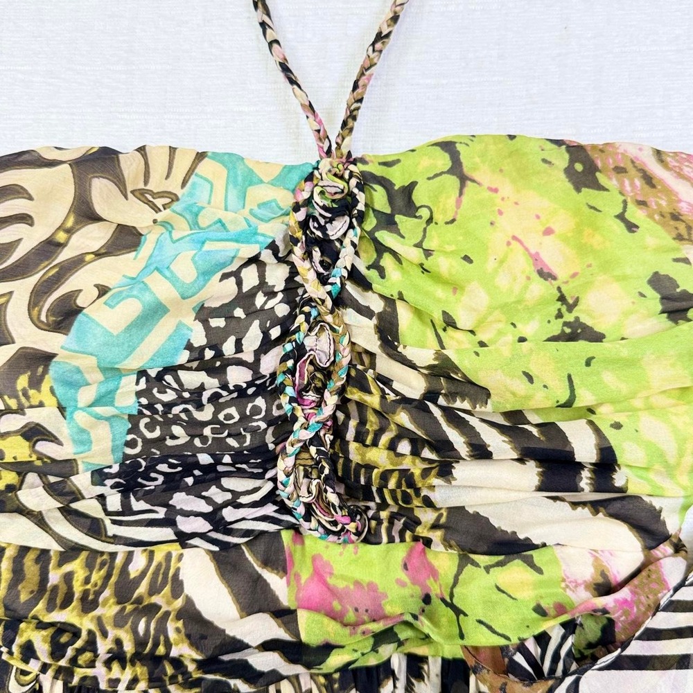 Cocoon Y2K Silk Animal Print Halter Dress Handkerchief Hem Sequin Accents Size 0 - Picture 7 of 8